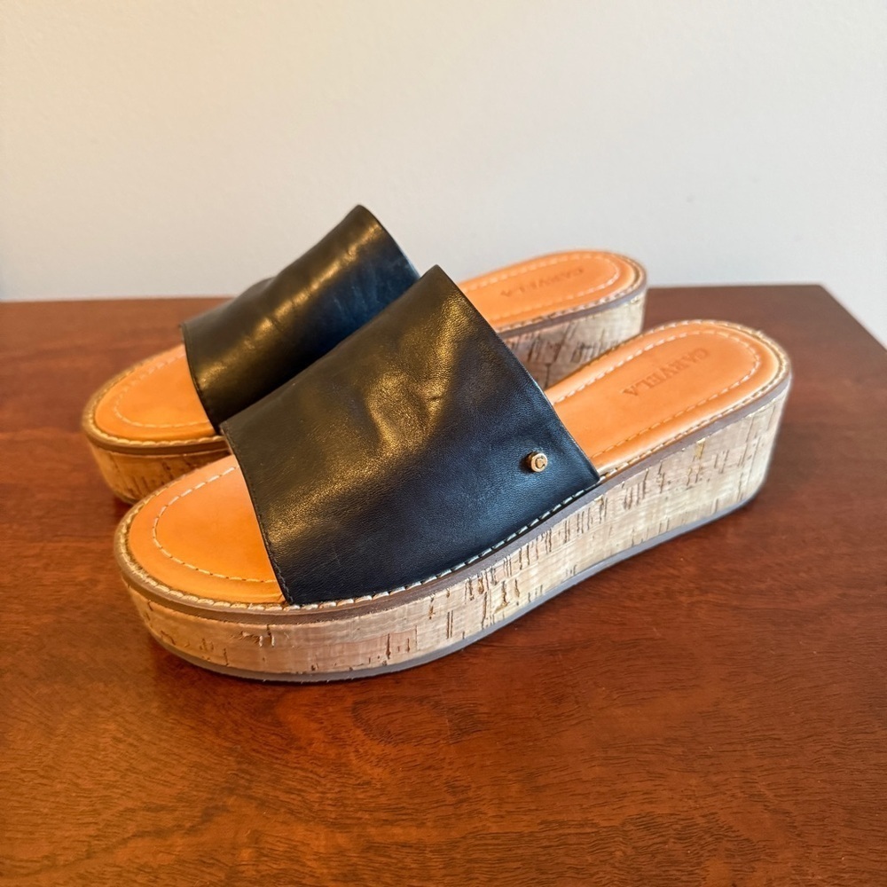 Black Leather Upper and Cork Platform Slip-On Sandals